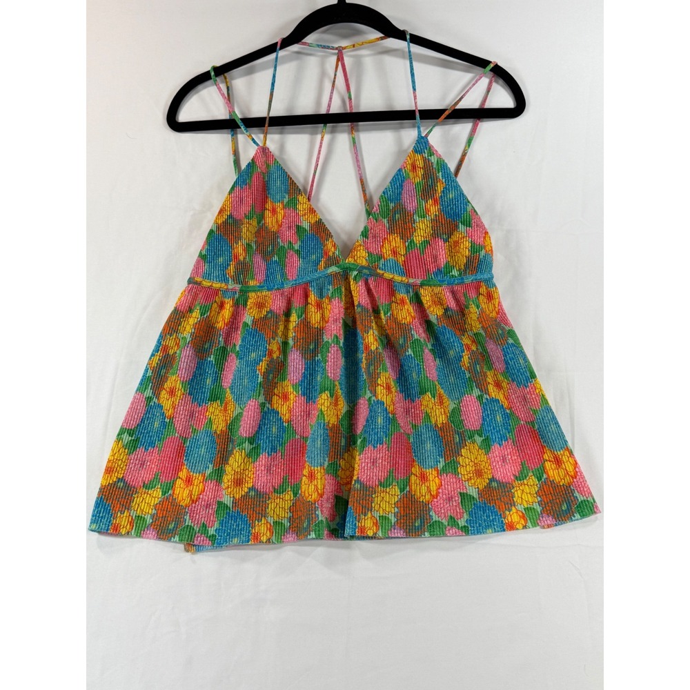 Zara Floral Plisse Camisole Top Multi Color Strappy Back Babydoll Size L